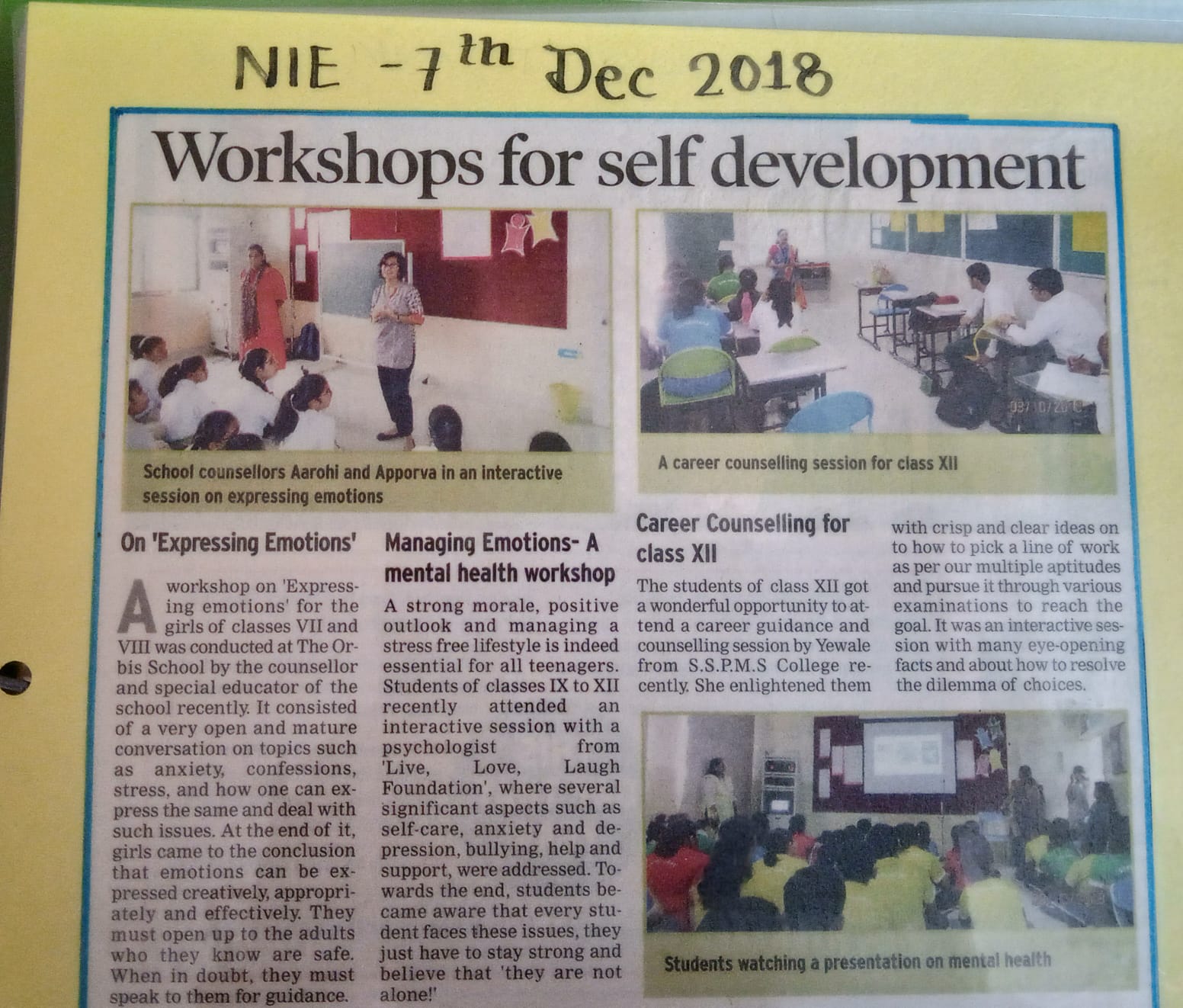 Self-Development Workshop at The Orbis School, Keshav Nagar