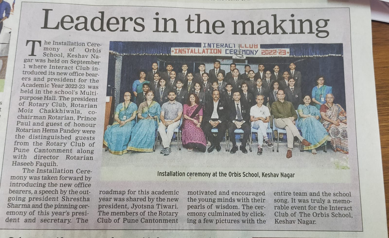 Leaders in the Making: Interact Club Installation at The Orbis School, Keshav Nagar