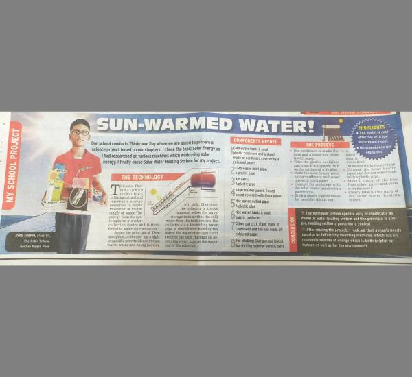 Article by Ayas Arefin class 7 on Science project - Sun warmed water - 11 Sept